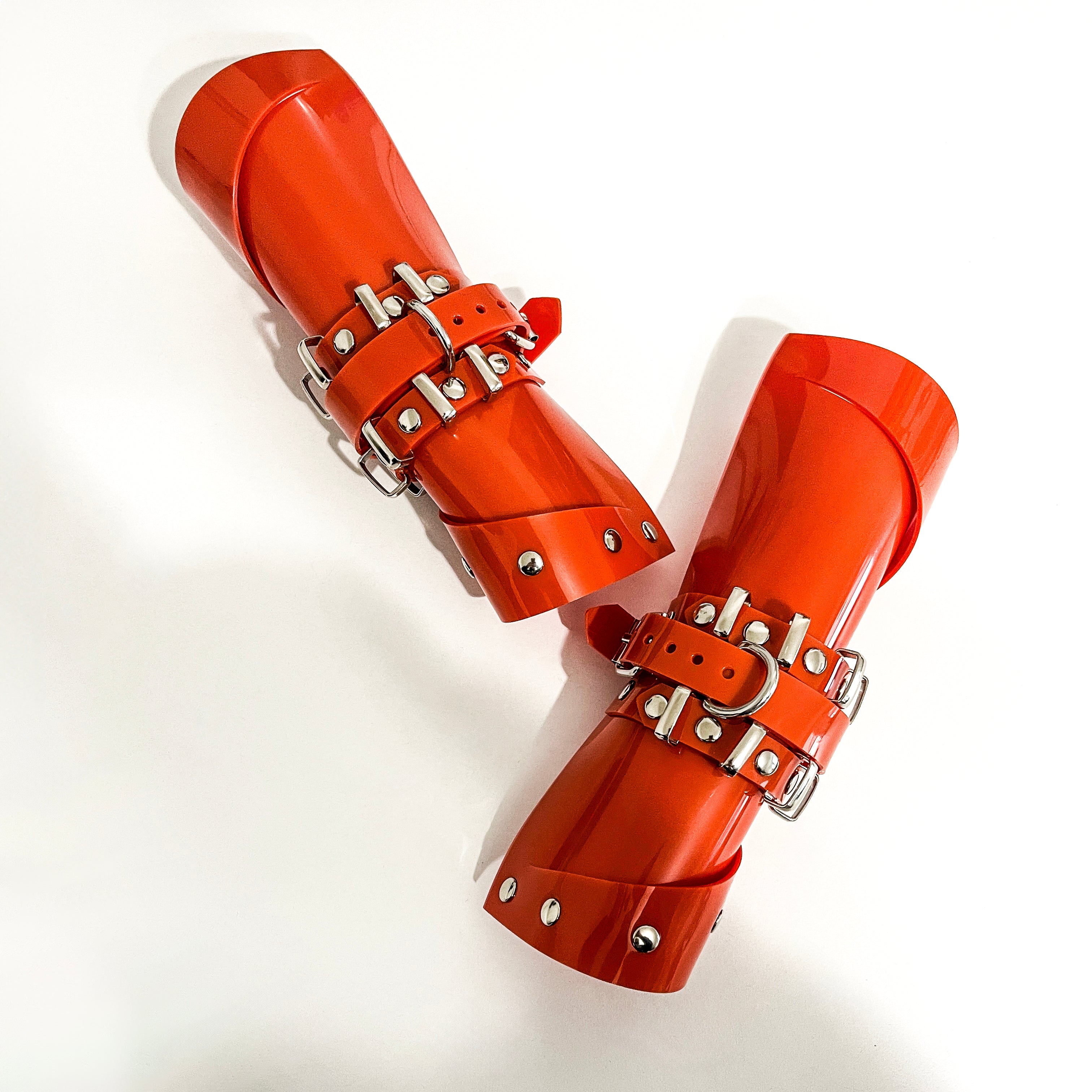 Jivomir Domoustchiev vegan vinyl sculpture cuffs with mini rings gauntlets cosplay ink fashion future