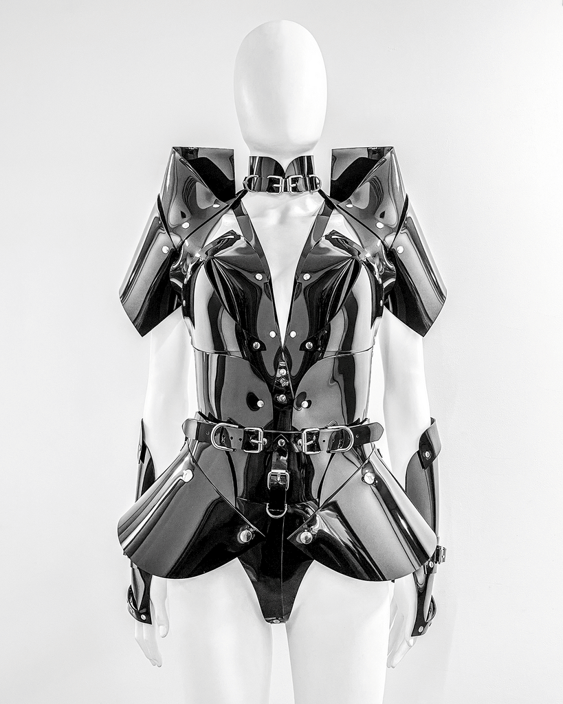 Jivomir Domoustchiev vegan vinyl pvc fashion wearable sculpture hand crafted to order only in East London Atelier independent luxury playsuit jumpsuit
