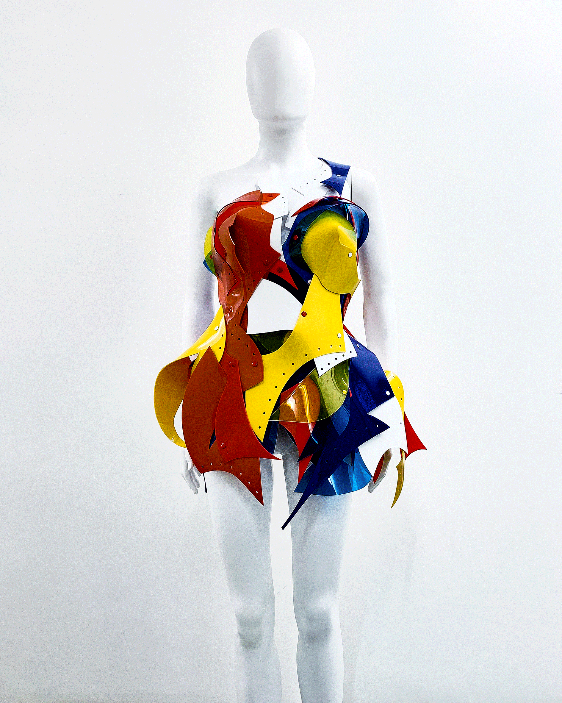 Steff London wearing Jivomir Domoustchiev Reimagineeverything dress vegan vinyl pvc one off art sculpture wearable future fashion 