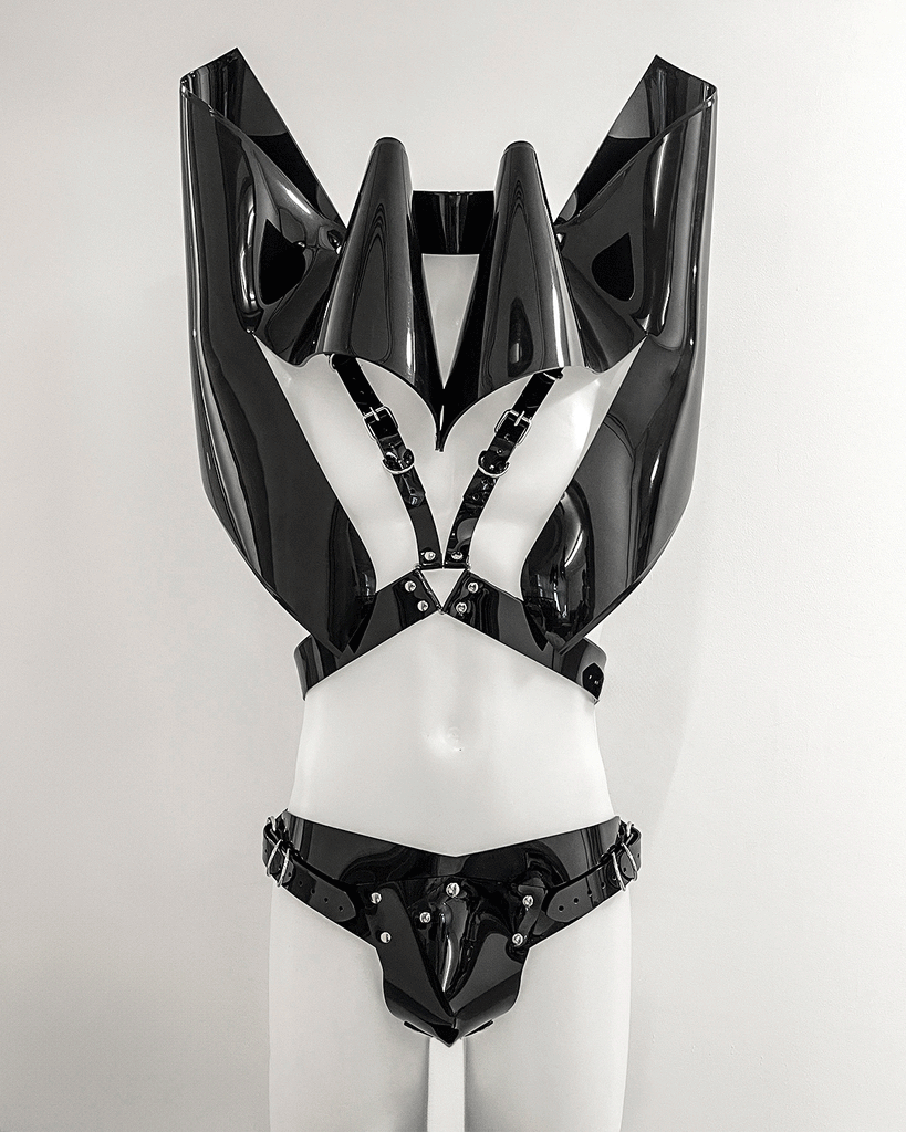 Mens vegan vinyl rave gladiator clubbing set by Jivomir Domoustchiev cosplay superhero future fashion hand crafted