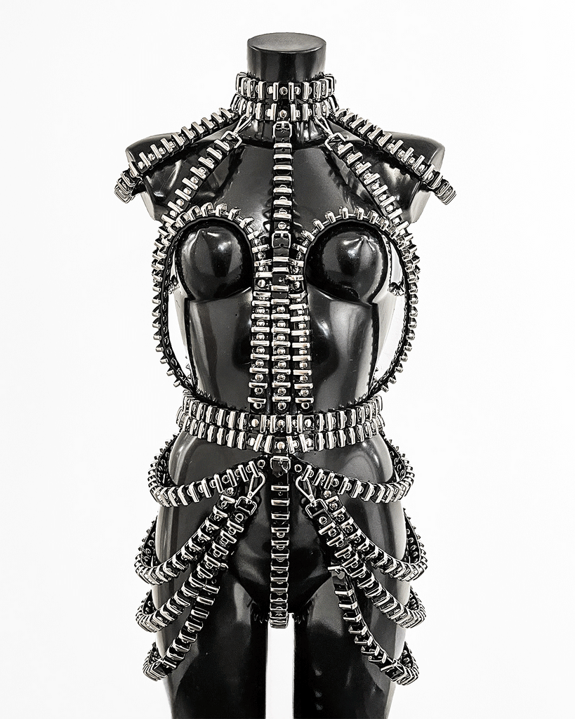 Jivomir Domoustchiev vegan vinyl pvc fashion wearable sculpture hand crafted to order only in East London Atelier independent luxury mini cage ring dress