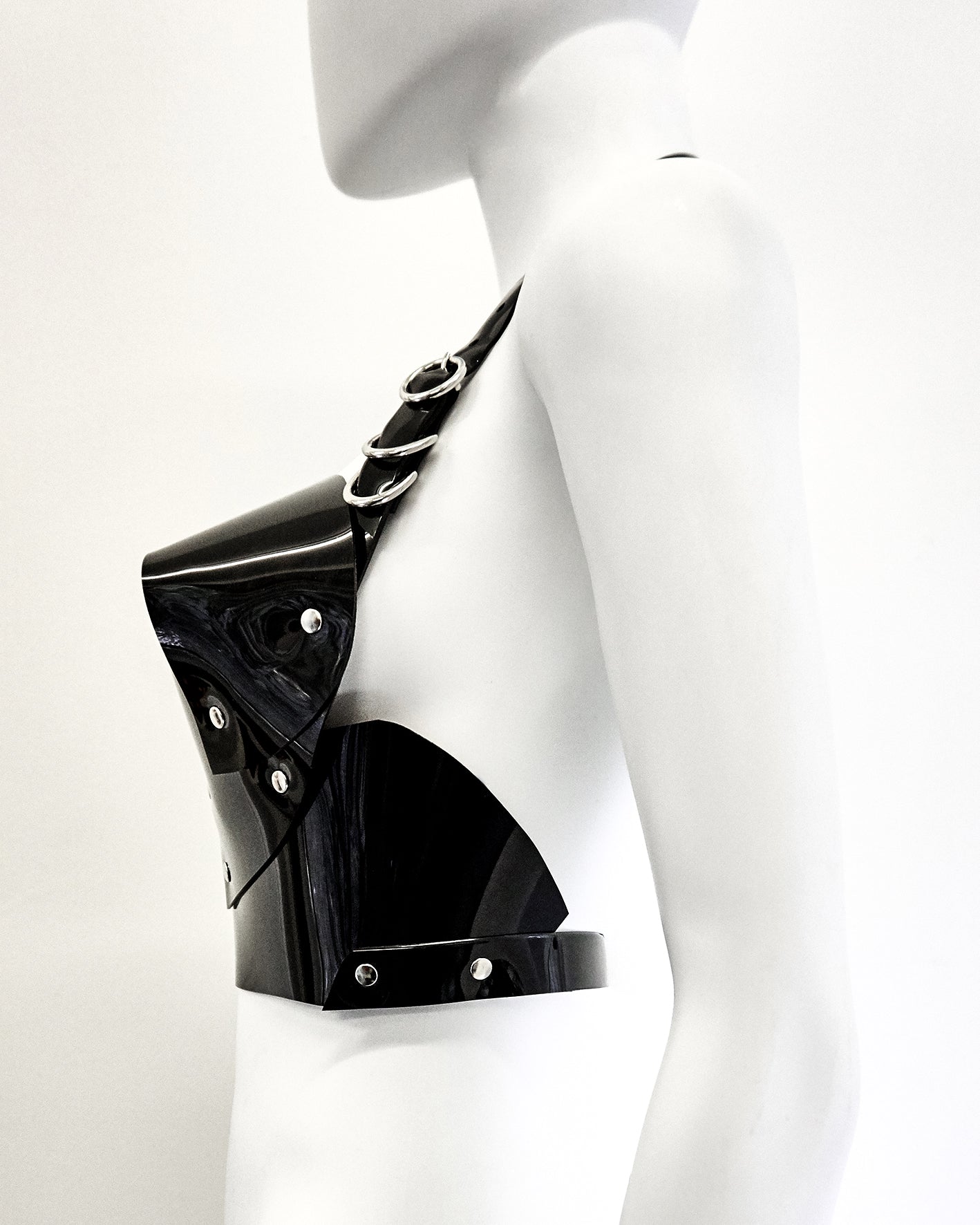 ATÉLIER JIVOMIR transparent vegan vinyl pvc bra knickers and multi ring collar set sculpture bra bustier bralet kink modern future fashion accessories craft luxury black