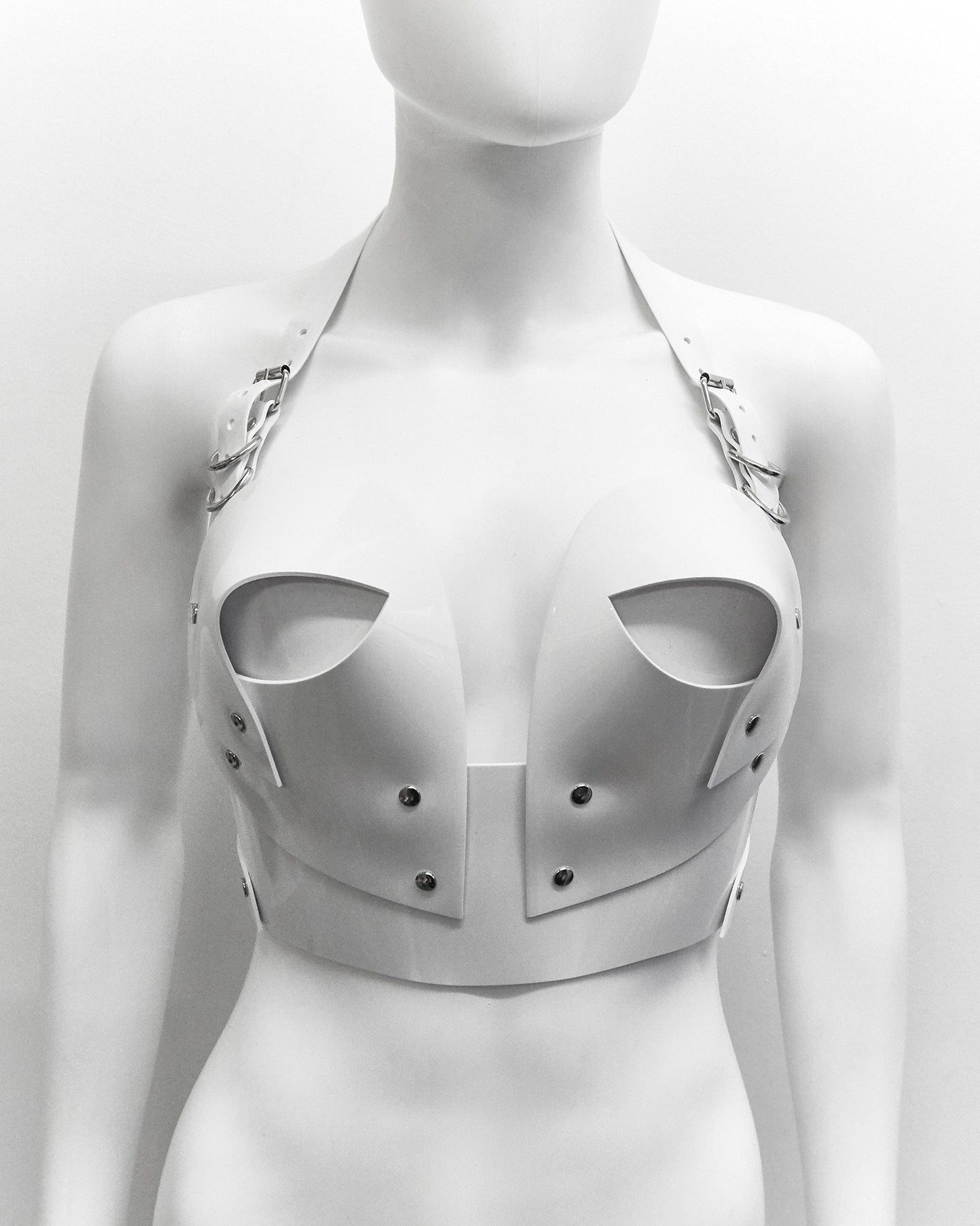 ATÉLIER JIVOMIR transparent vegan vinyl pvc bra knickers and multi ring collar set sculpture bra bustier bralet kink modern future fashion accessories craft luxury white