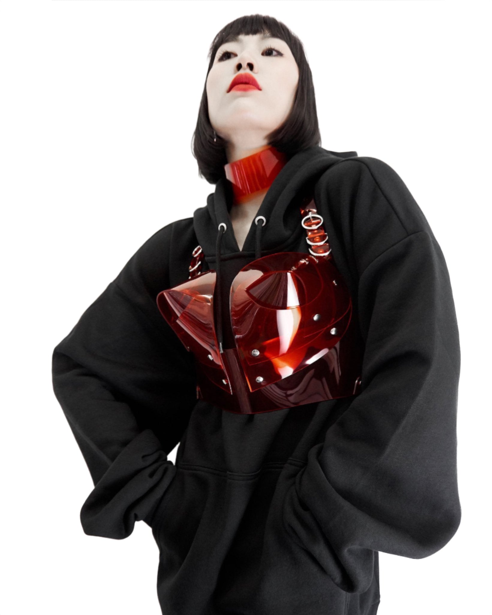 ATÉLIER JIVOMIR transparent vegan vinyl pvc bra knickers and multi ring collar set sculpture bra bustier bralet kink modern future fashion accessories craft luxury red