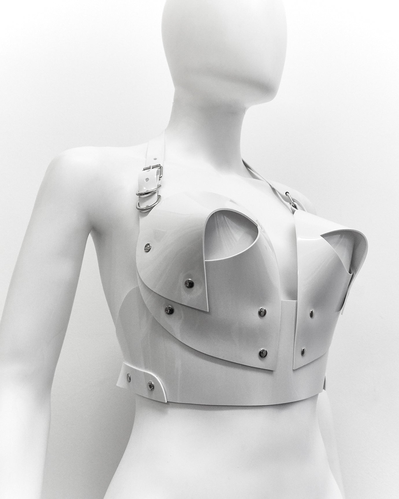 ATÉLIER JIVOMIR transparent vegan vinyl pvc bra knickers and multi ring collar set sculpture bra bustier bralet kink modern future fashion accessories craft luxury 