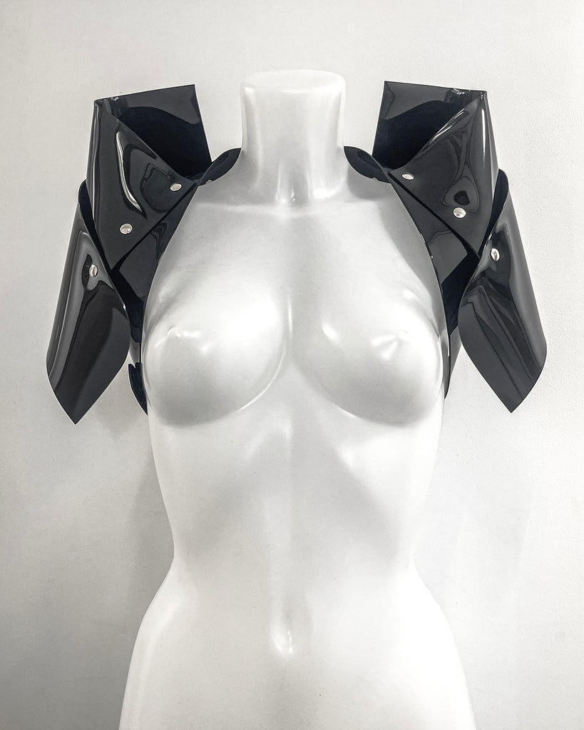 Jivomir Domoustchiev shoulder pads vegan vinyl pvc fashion wearable sculpture hand crafted to order only in East London Atelier independent luxury brand 
