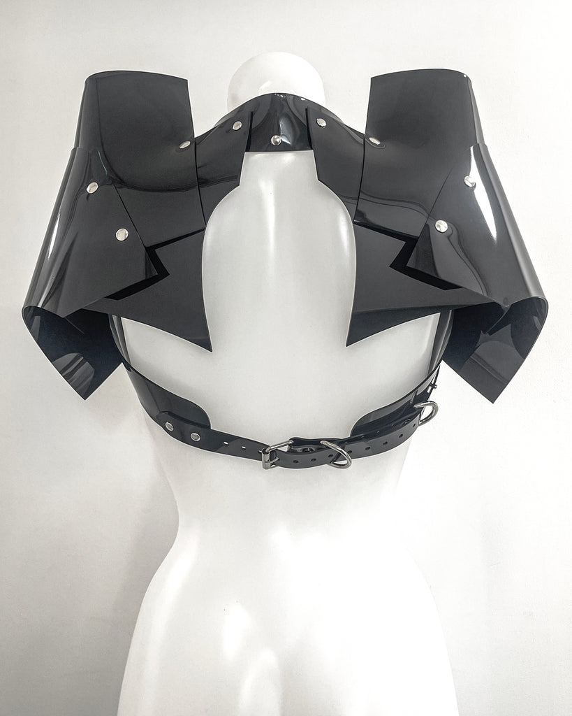 Jivomir Domoustchiev shoulder pads vegan vinyl pvc fashion wearable sculpture hand crafted to order only in East London Atelier independent luxury brand