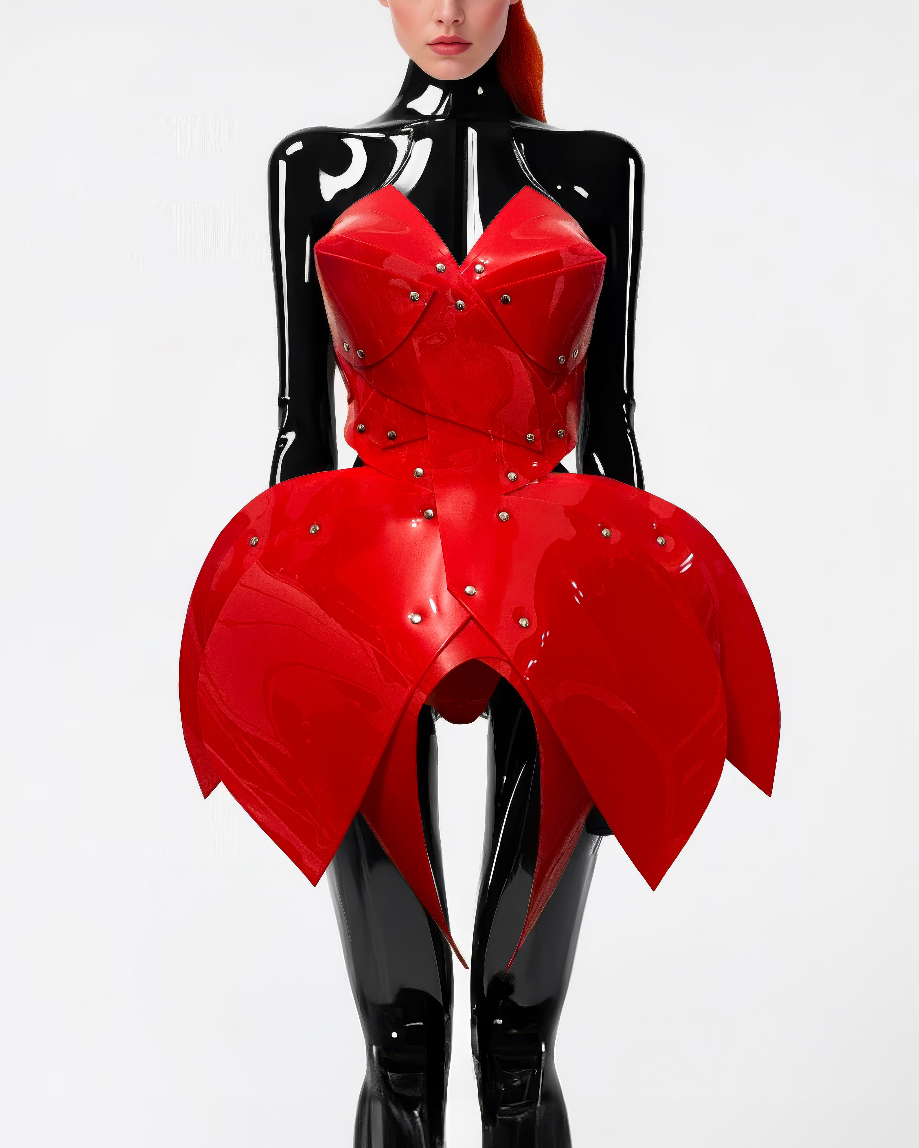 ATÉLIER JIVOMIR  vegan vinyl mini little red dress sculpture kink fetish superhero cosplay luxury hand crafted designer must have crafted couture