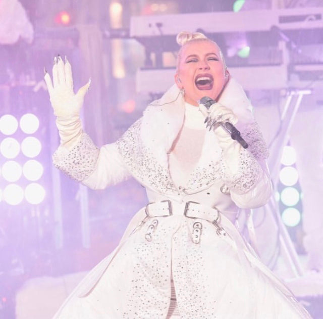 Christina María Aguilera wearing ATÉLIER JIVOMIR white vegan harness New York ball drop ceremony