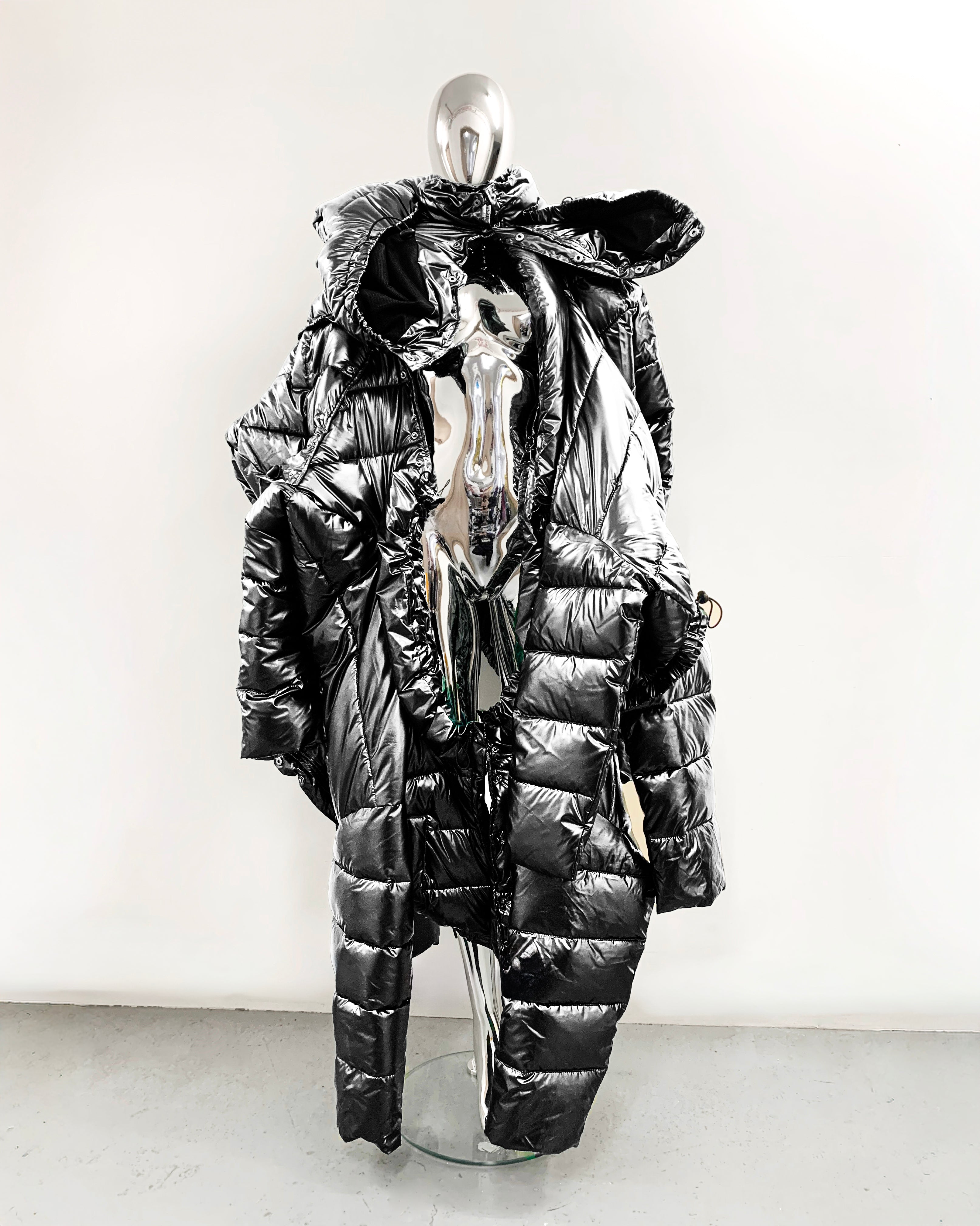 ATÉLIER JIVOMIR repurposed wearable sculpture puf coat teal metallic black