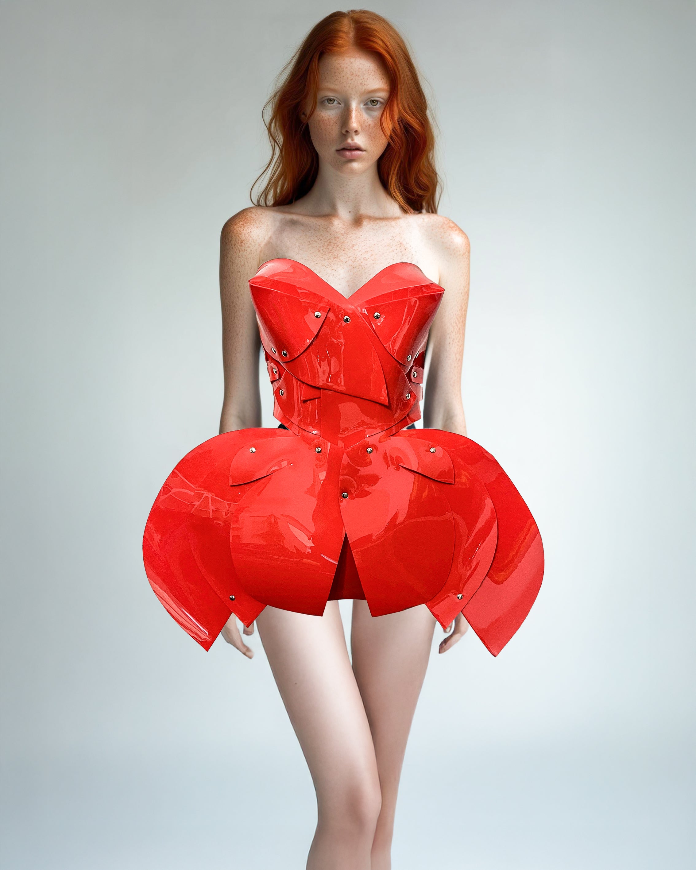 ATÉLIER JIVOMIR  vegan vinyl mini little red dress sculpture kink fetish superhero cosplay luxury hand crafted designer must have crafted couture