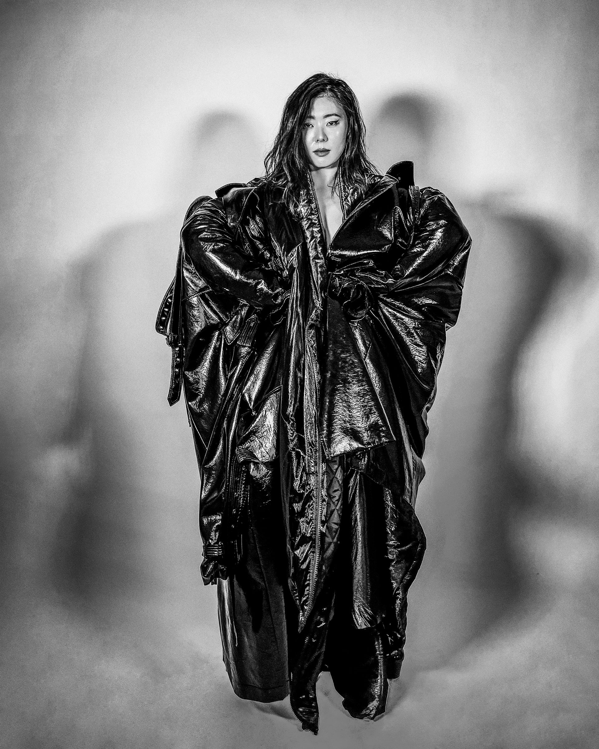 ATÉLIER JIVOMIR VINYL TRIPLE TRENCH AVANT GARDE REPUPOSED LUXURY COAT MODEL PORTRAIT