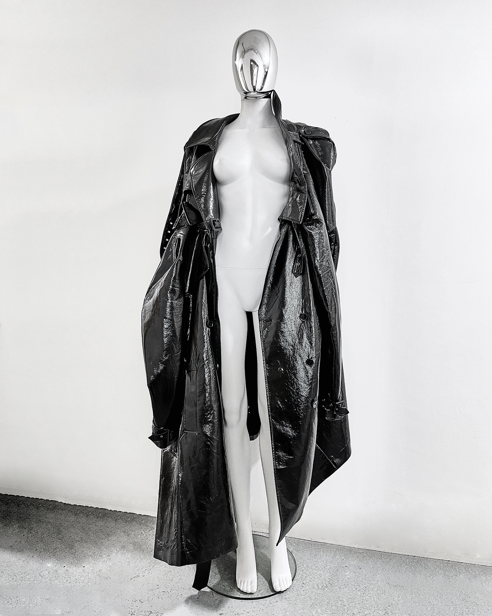 ATÉLIER JIVOMIR VINYL TRIPLE TRENCH AVANT GARDE REPUPOSED LUXURY COAT 