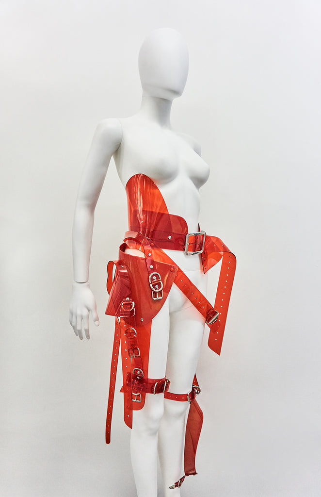 Jivomir Domoustchiev  Multi buckle harness belt transparent redJivomir Domoustchiev  Multi buckle harness belt transparent red vegan vinyl multi strap belt harness 