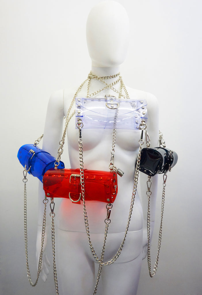 Jivomir Domoustchiev vegan vinyl pvc fashion wearable sculpture hand crafted to order only in East London Atelier independent luxury bag purse transparent clear