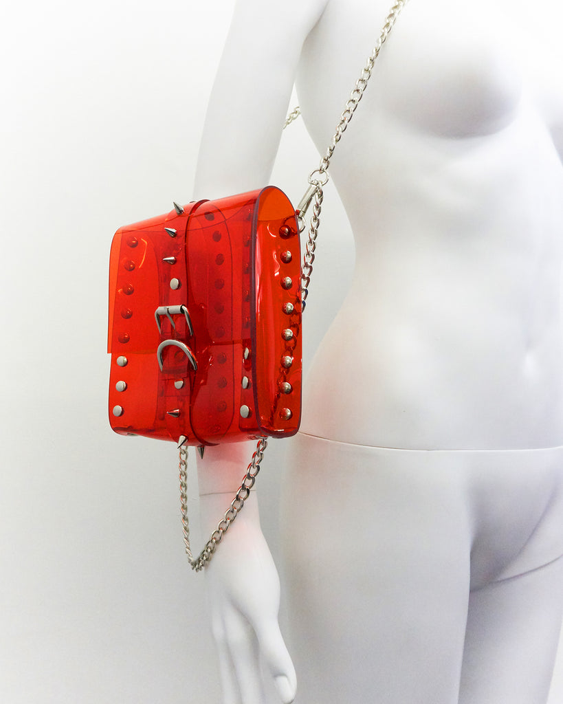 Jivomir Domoustchiev The Dream Collector transparent redJivomir Domoustchiev The Dream Collector Bag clear red vegan vinyl studded chain purse collectible handbag