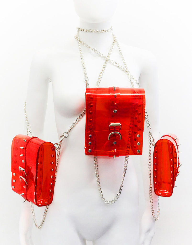 Jivomir Domoustchiev The Dream Collector Bag clear redJivomir Domoustchiev The Dream Collector Bag clear red vegan vinyl studded chain purse collectible handbag