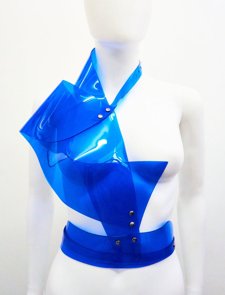 Jivomir Domoustchiev vinyl sculpture half harness belt transparent Jivomir Domoustchiev vegan vinyl transparent hand body harness kink fetish cosplay future robot