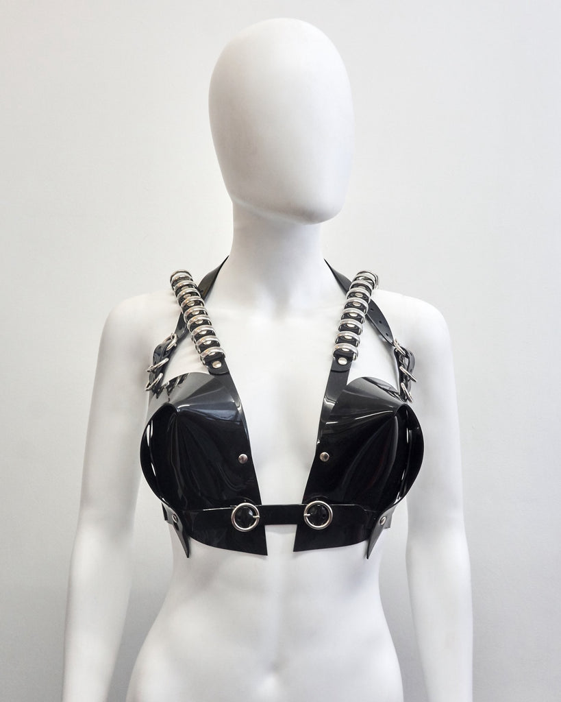 Jivomir Domoustchiev multi ring heart shaped sculpture bra ❤️Bustier transparent love black vegan vinyl