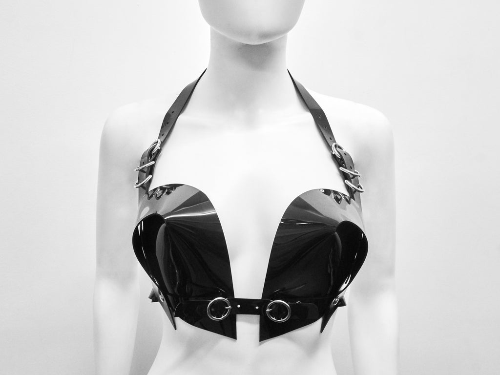 Jivomir Domoustchiev vegan vinyl pvc fashion wearable sculpture hand crafted to order only in East London Atelier independent luxury brand bras bustier corset