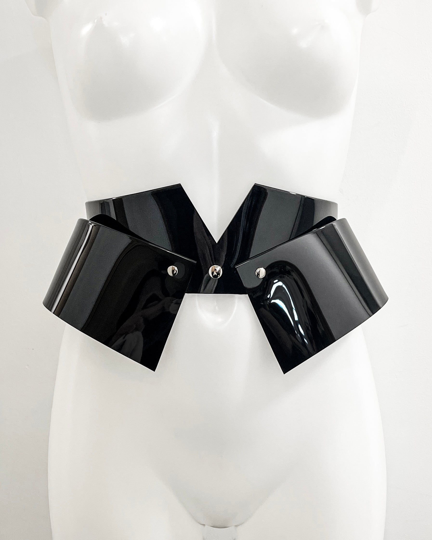 Jivomir Domoustchiev vegan vinyl pvc fashion wearable sculpture belt hand crafted to order only in East London Atelier independent luxury brand