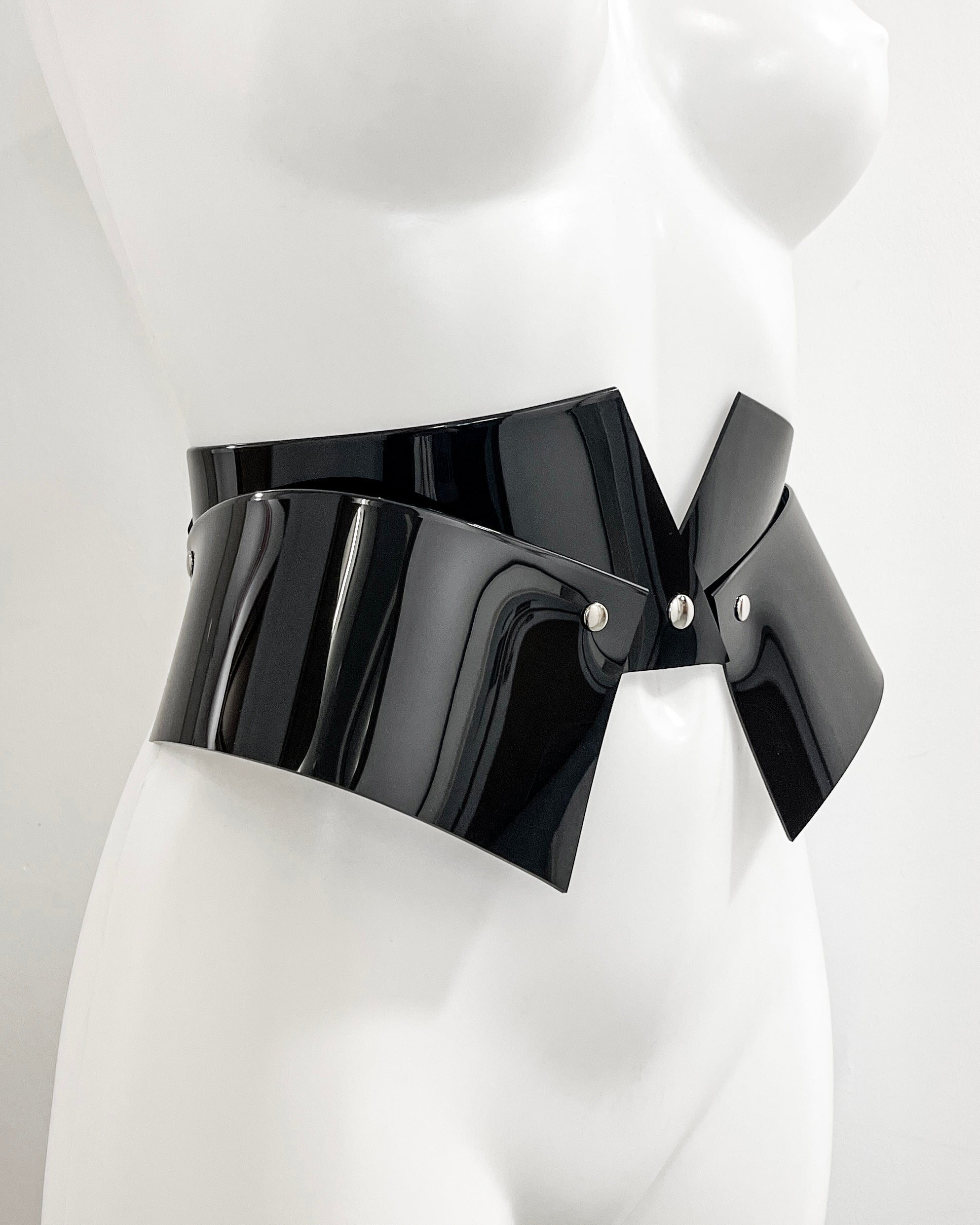 Jivomir Domoustchiev vegan vinyl pvc fashion wearable sculpture belt hand crafted to order only in East London Atelier independent luxury brand