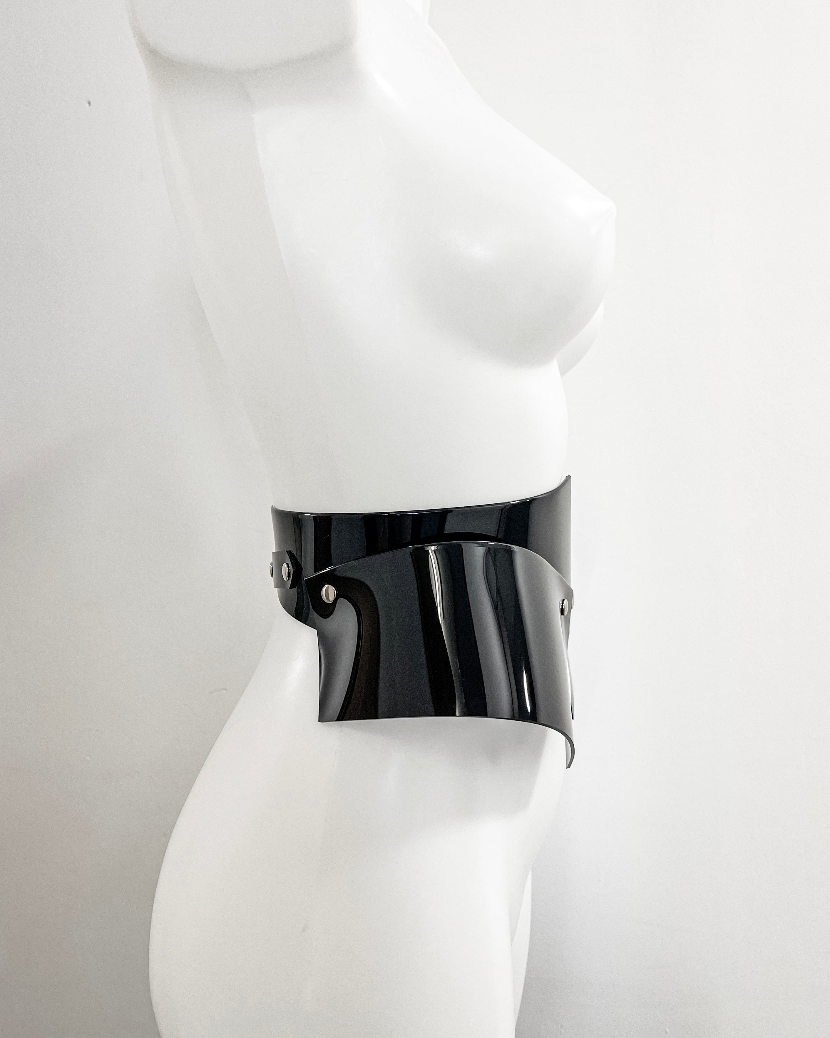 Jivomir Domoustchiev vegan vinyl pvc fashion wearable sculpture belt hand crafted to order only in East London Atelier independent luxury brand