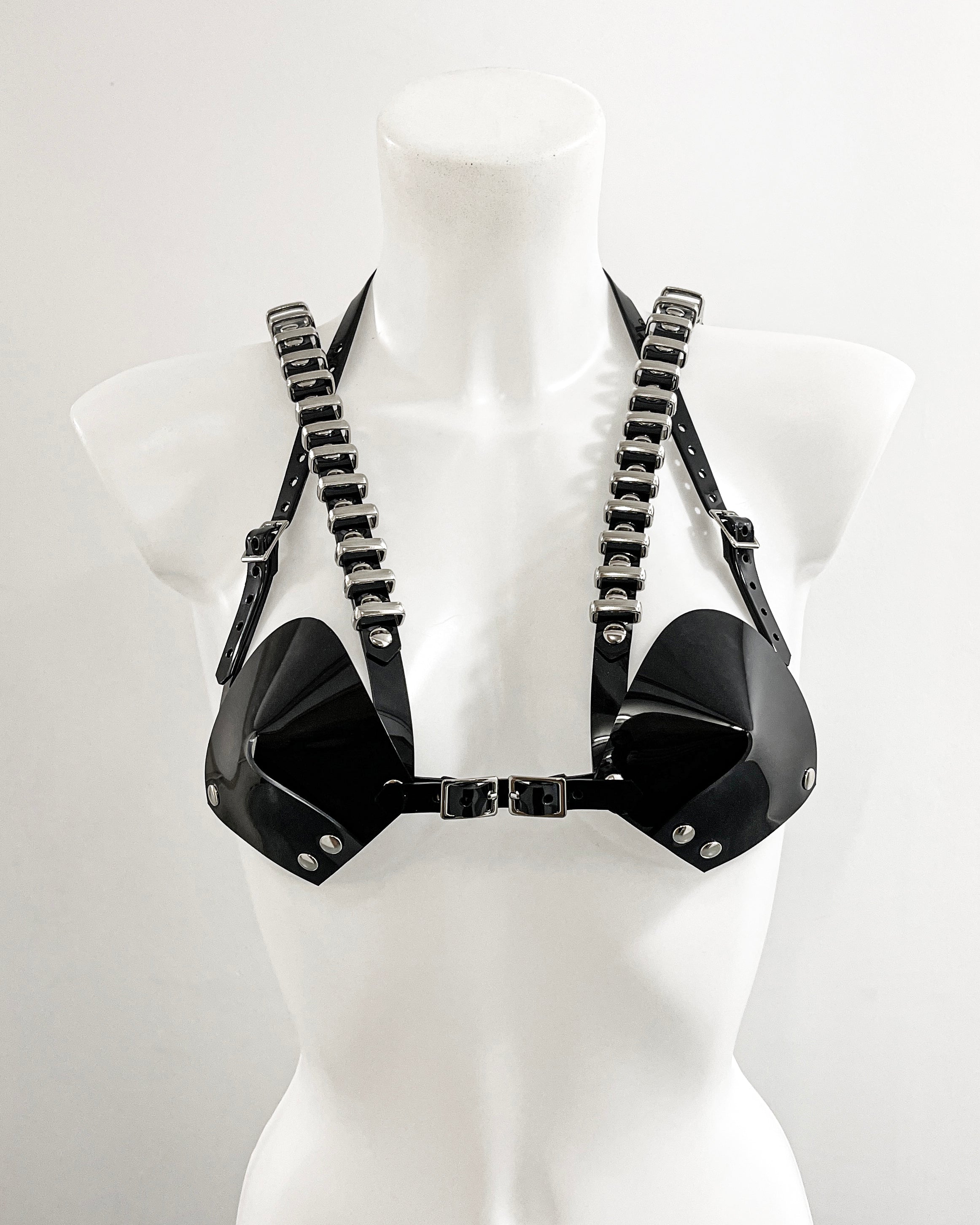 Jivomir Domoustchiev x Julien McDonald  vegan vinyl PVC fashion accessories belt harness collar choker bra bustier peplum corset kink cosplay vegan hand crafted London