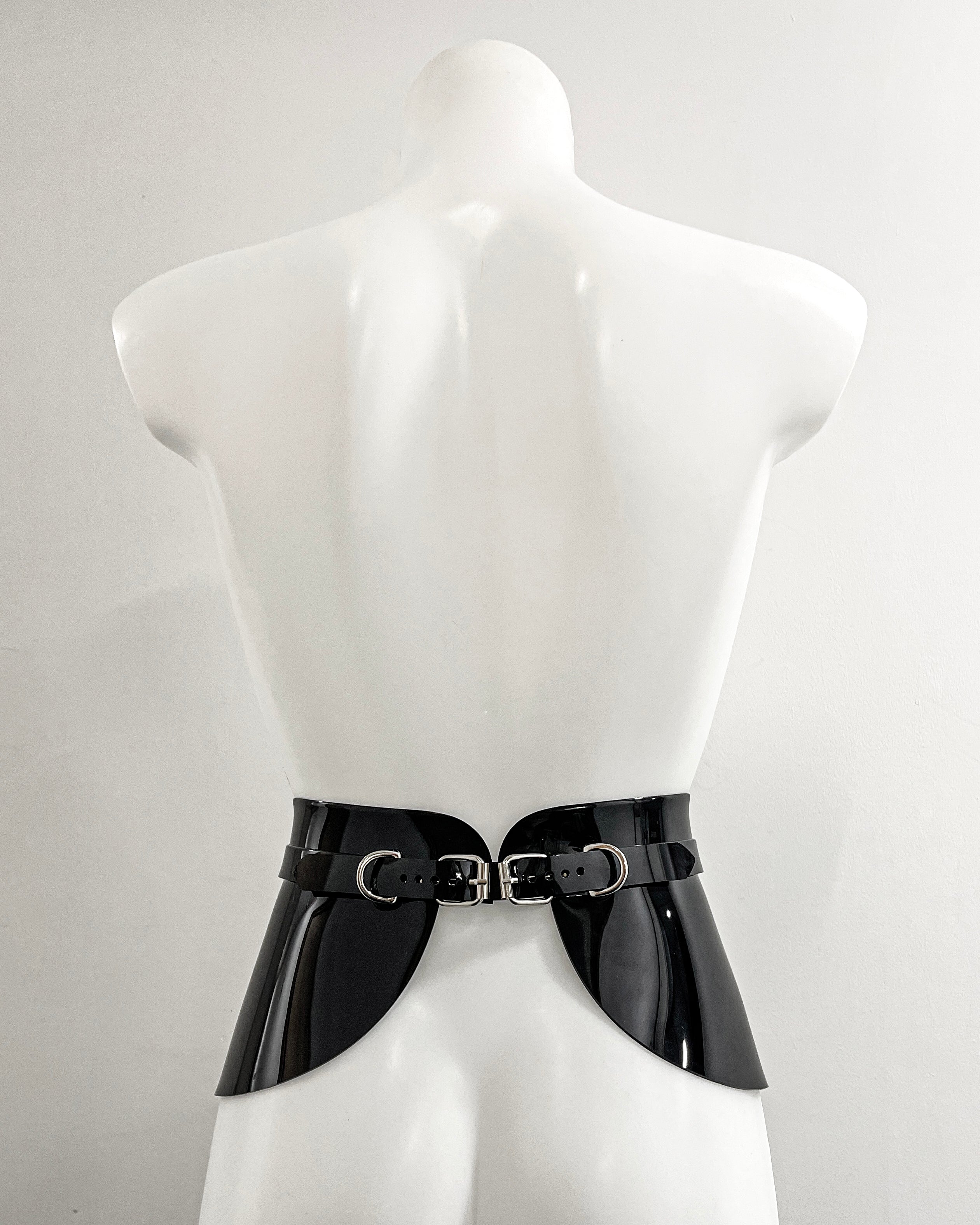 Jivomir Domoustchiev x Julien McDonald  vegan vinyl PVC fashion accessories belt harness collar choker bra bustier peplum corset kink cosplay vegan hand crafted London