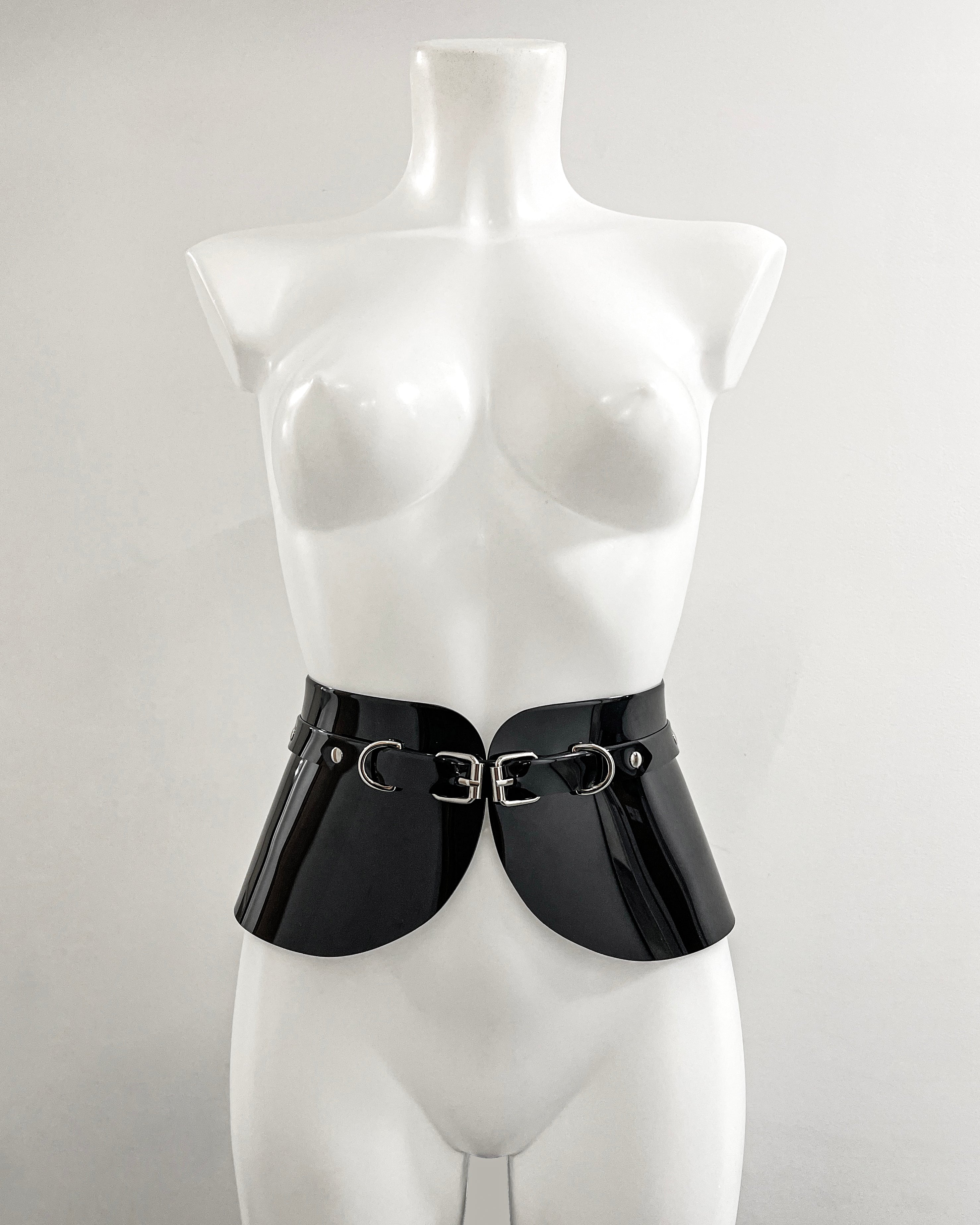 Jivomir Domoustchiev x Julien McDonald  vegan vinyl PVC fashion accessories belt harness collar choker bra bustier peplum corset kink cosplay vegan hand crafted London