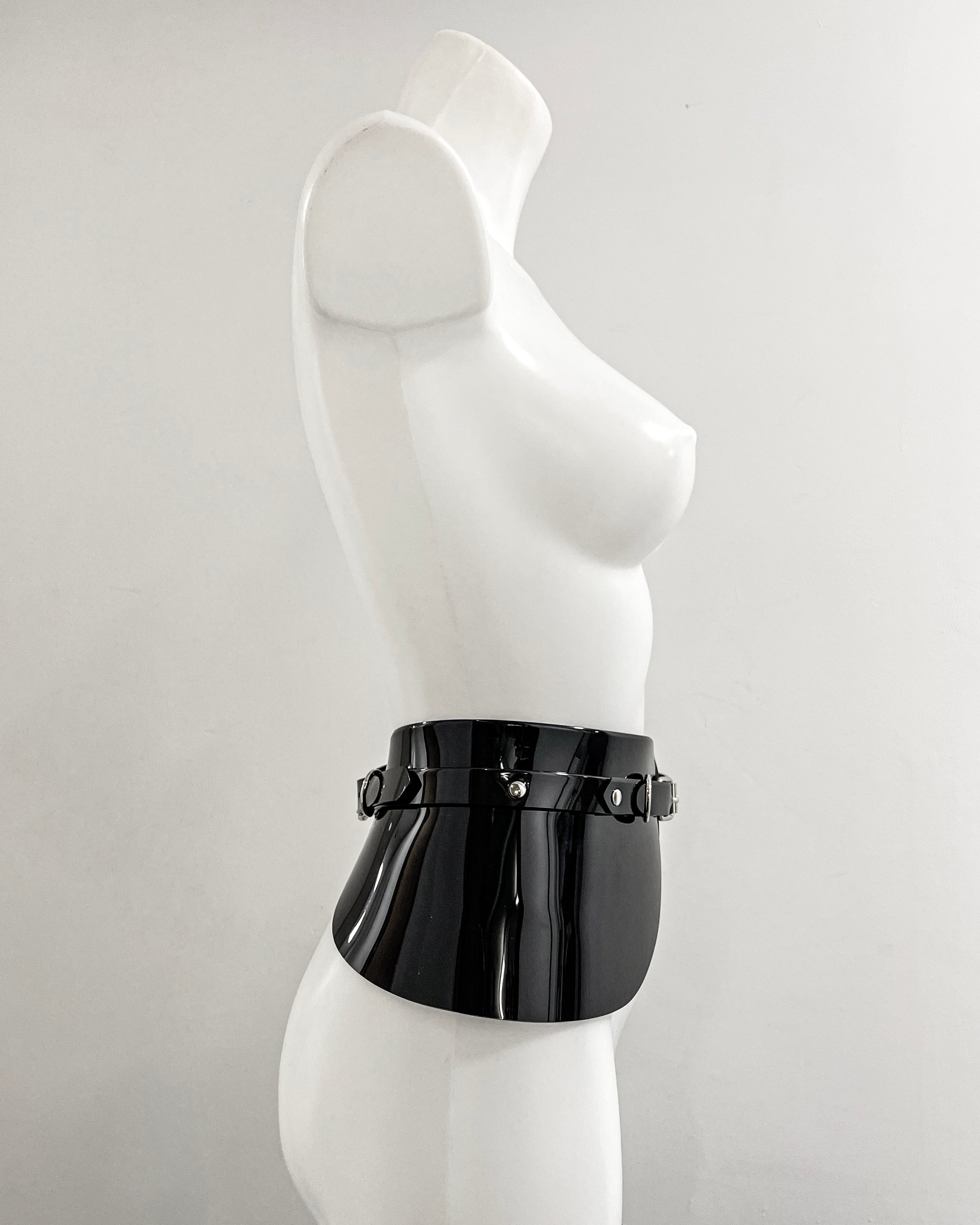 Jivomir Domoustchiev x Julien McDonald  vegan vinyl PVC fashion accessories belt harness collar choker bra bustier peplum corset kink cosplay vegan hand crafted London