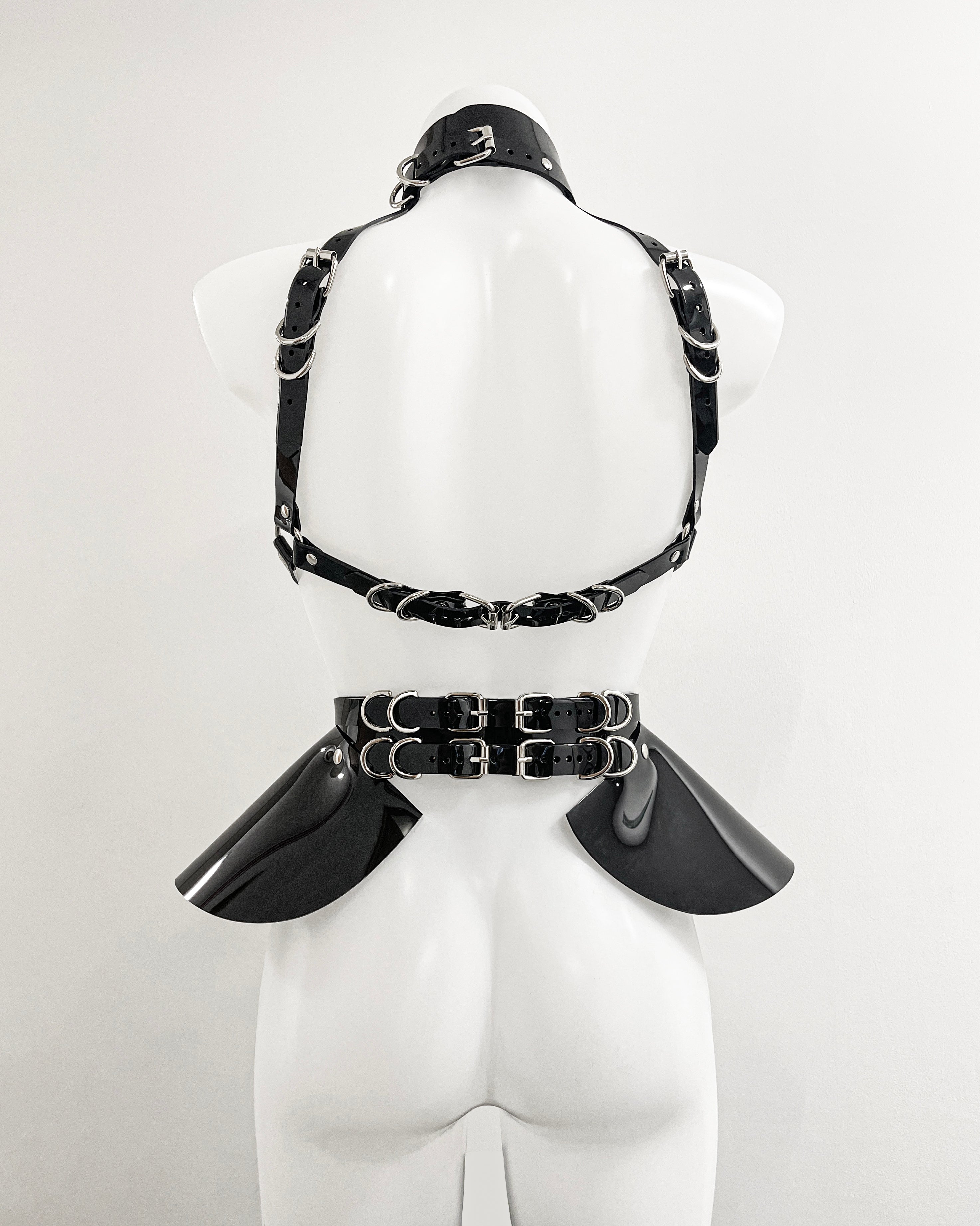 Jivomir Domoustchiev x Julien McDonald  vegan vinyl PVC fashion accessories belt harness collar choker bra bustier peplum corset kink cosplay vegan hand crafted London