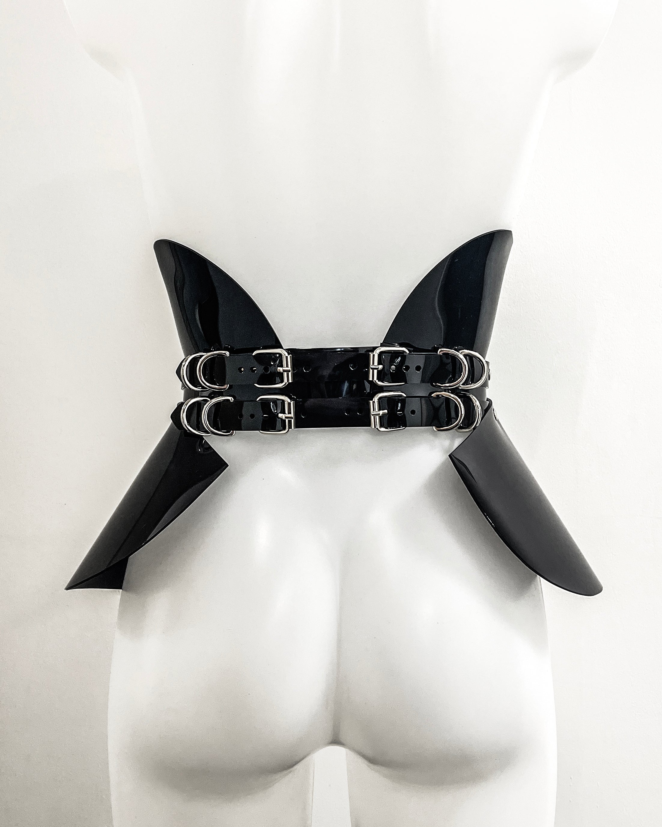 Jivomir Domoustchiev x Julien McDonald  vegan vinyl PVC fashion accessories belt harness collar choker bra bustier peplum corset kink cosplay vegan hand crafted London