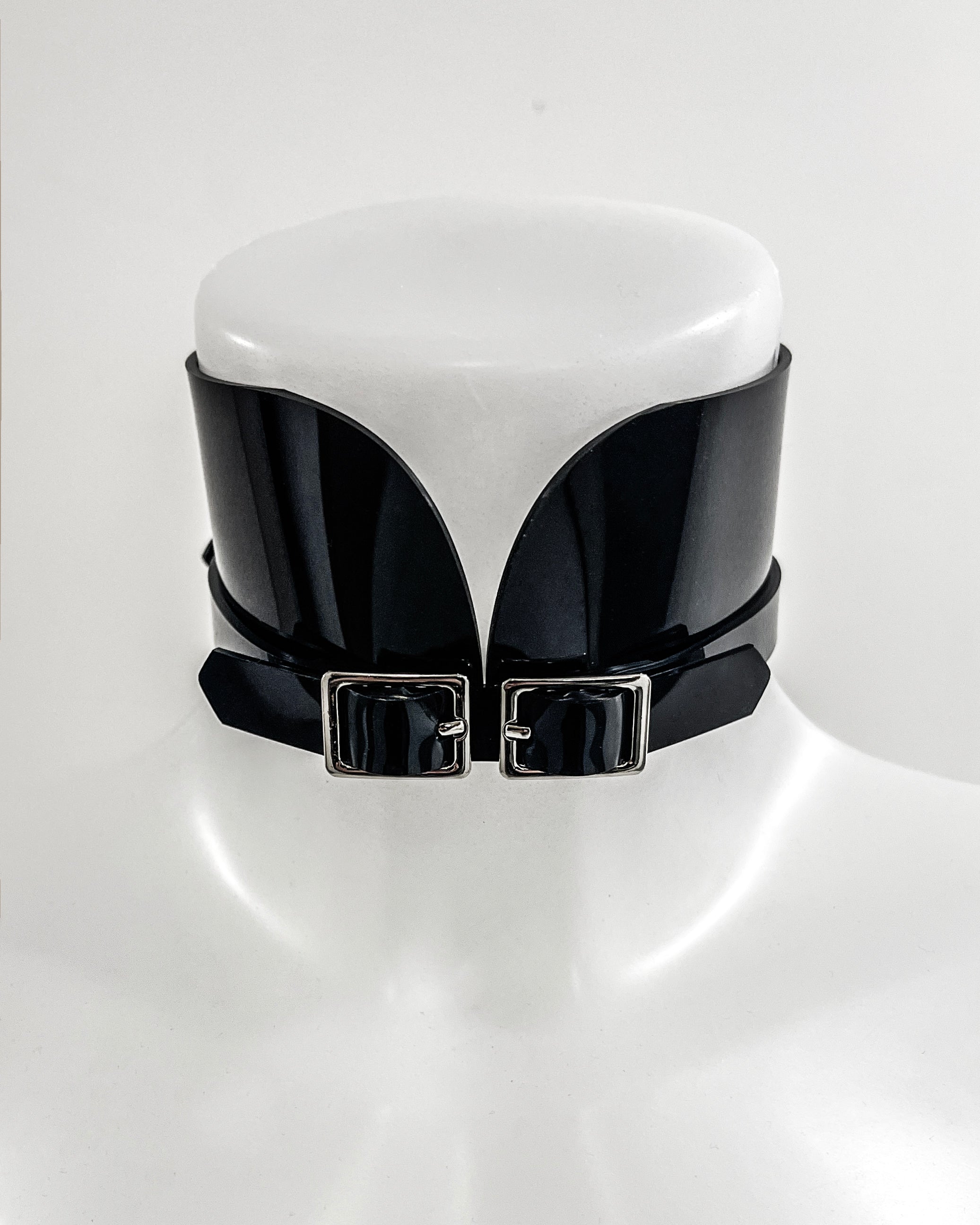 Jivomir Domoustchiev x Julien McDonald  vegan vinyl PVC fashion accessories belt harness collar choker bra bustier peplum corset kink cosplay vegan hand crafted London