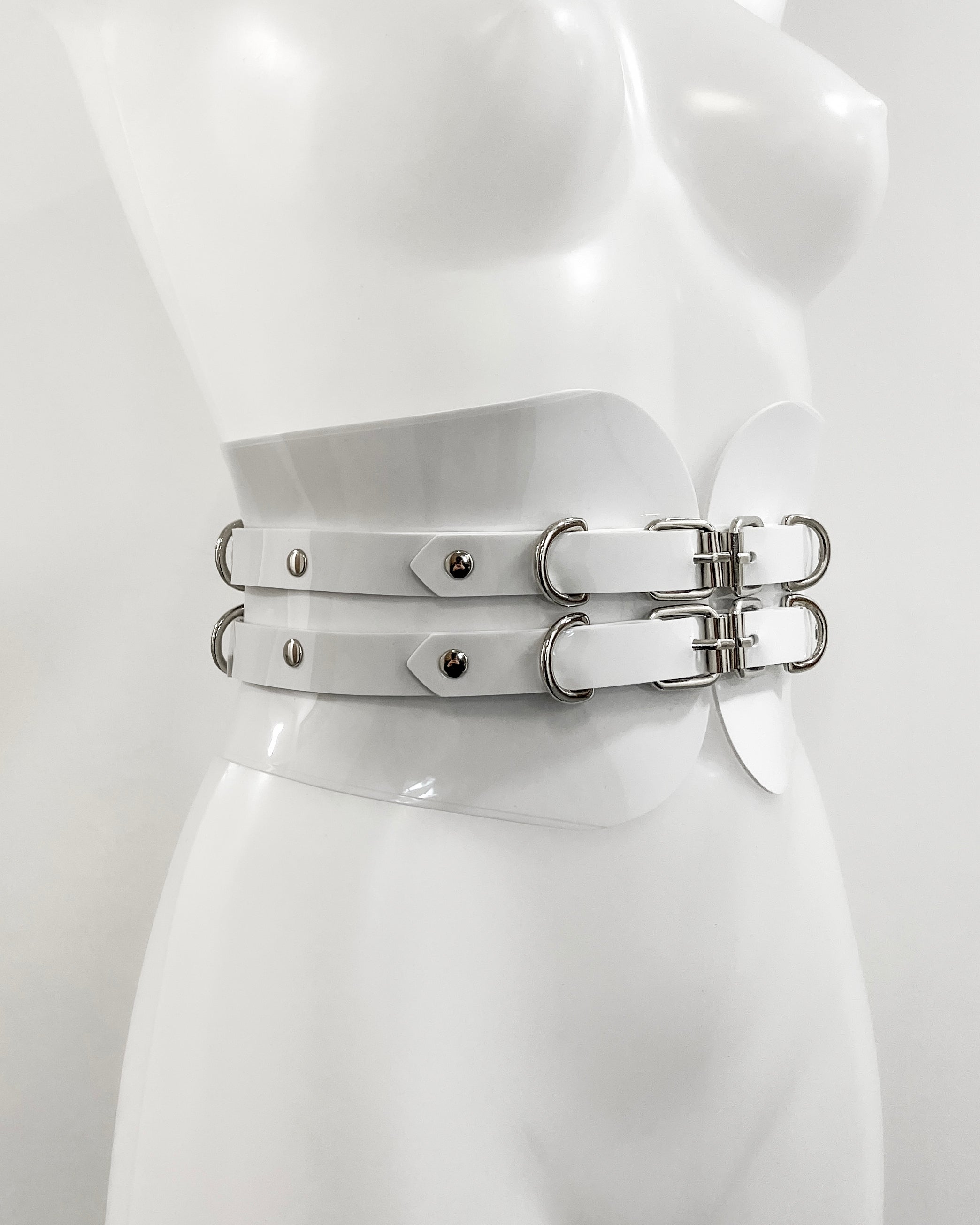 Jivomir Domoustchiev x Julien McDonald  vegan vinyl PVC fashion accessories belt harness collar choker bra bustier peplum corset kink cosplay vegan hand crafted London