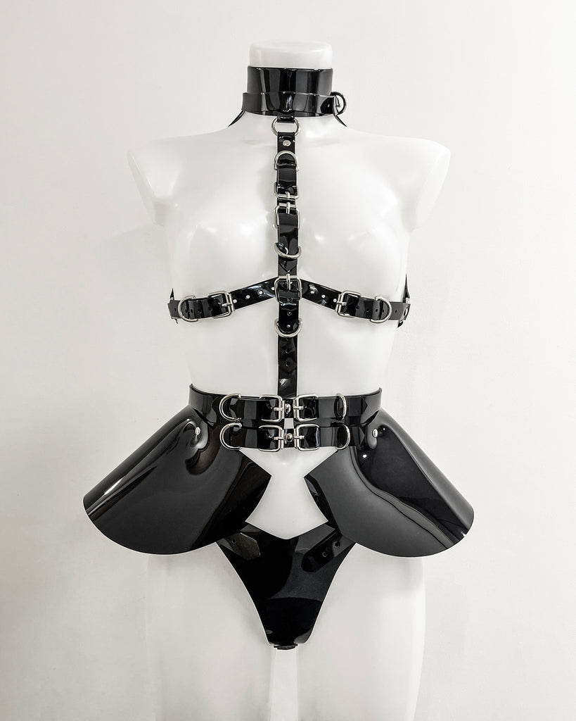 Jivomir Domoustchiev x Julien McDonald  vegan vinyl PVC fashion accessories belt harness collar choker bra bustier peplum corset kink cosplay vegan hand crafted London