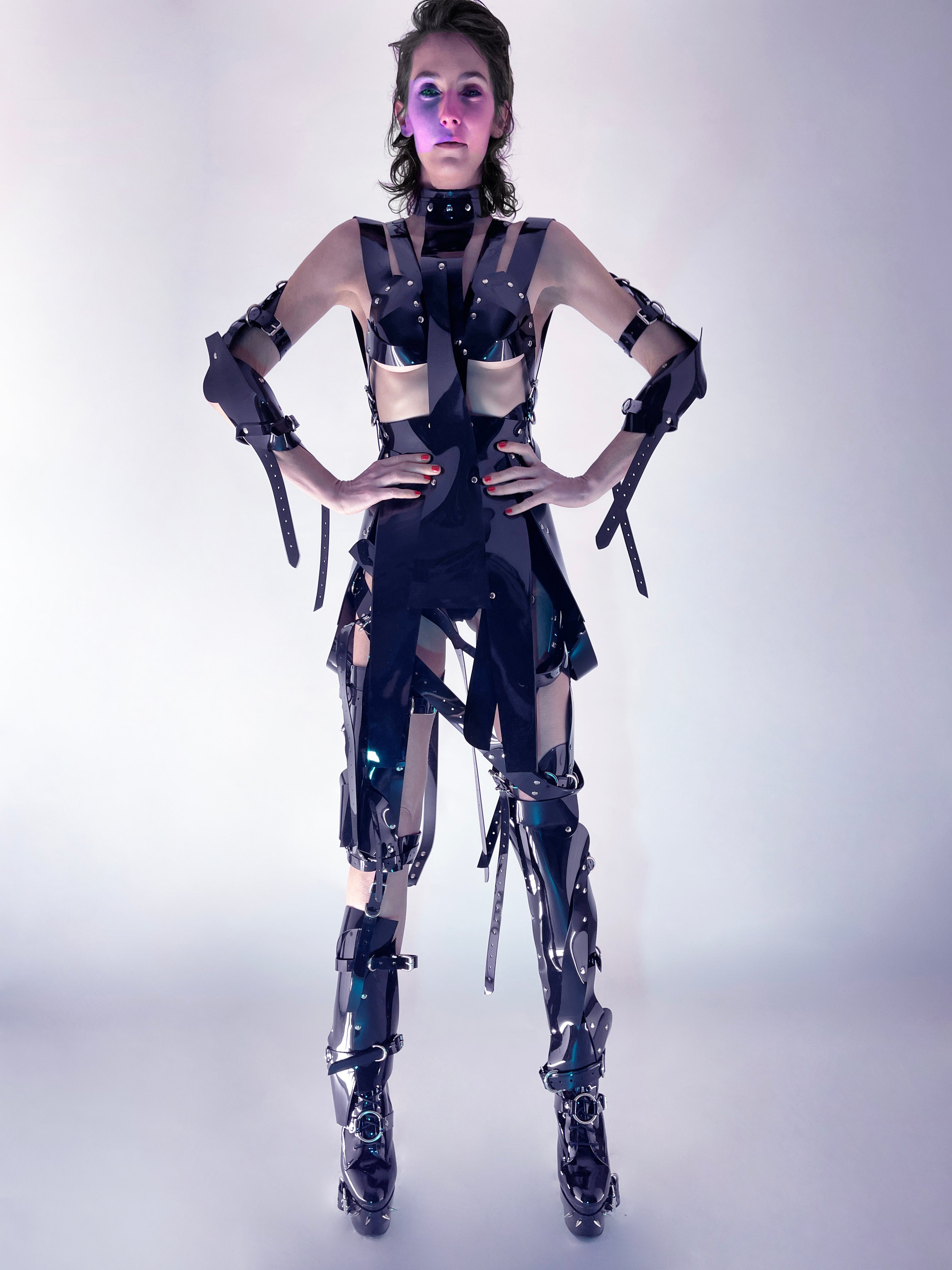 Jivomir Domoustchiev PVC vegan Vinyl Future Gladiator multi buckle harness dress 