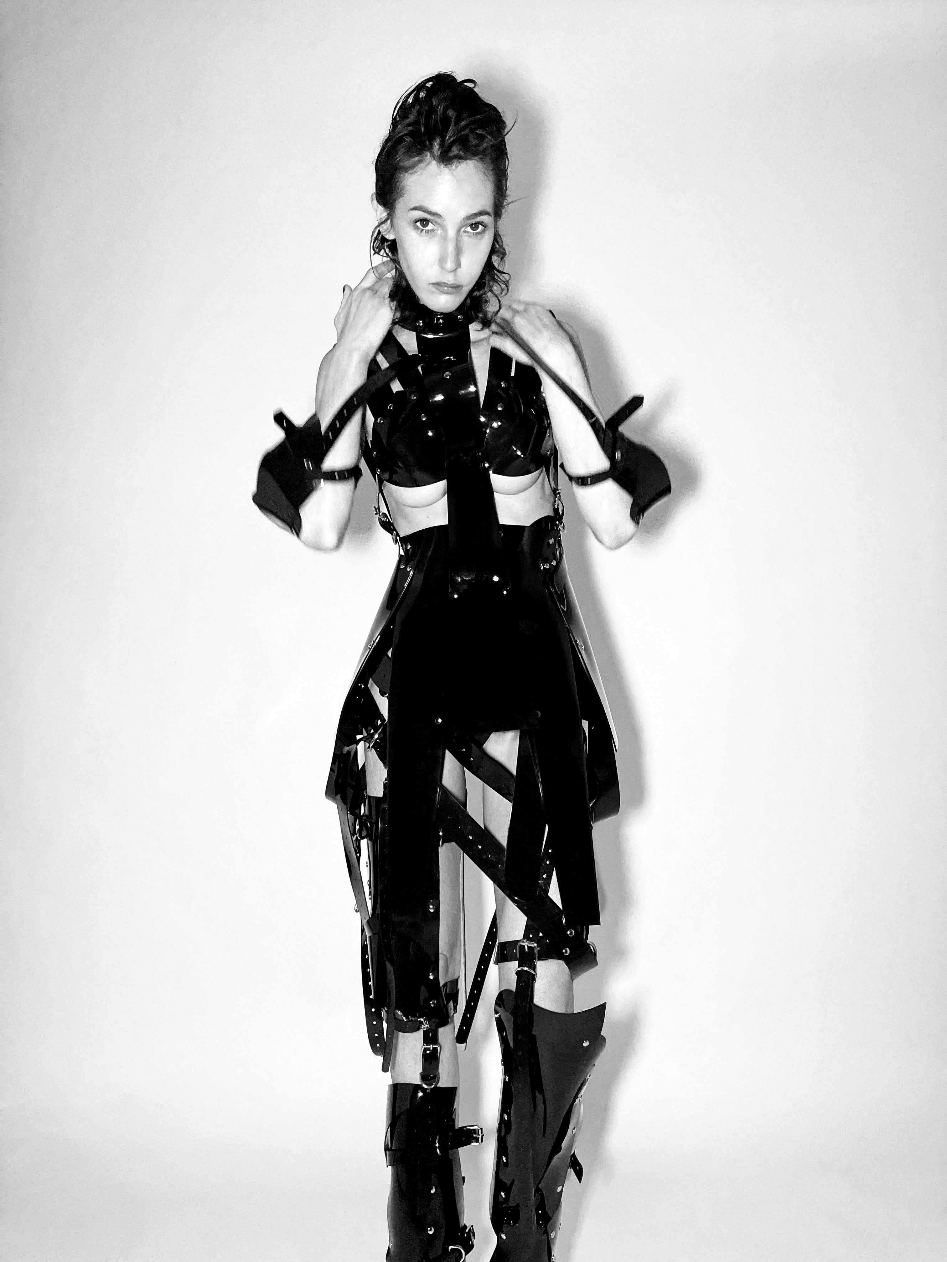 Jivomir Domoustchiev PVC vegan Vinyl Future Gladiator multi buckle harness dress 