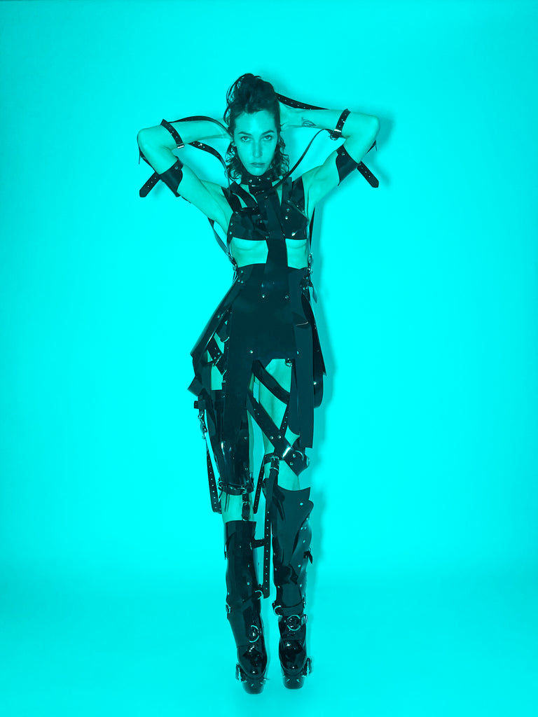 Jivomir Domoustchiev PVC vegan Vinyl Future Gladiator multi buckle harness dress 