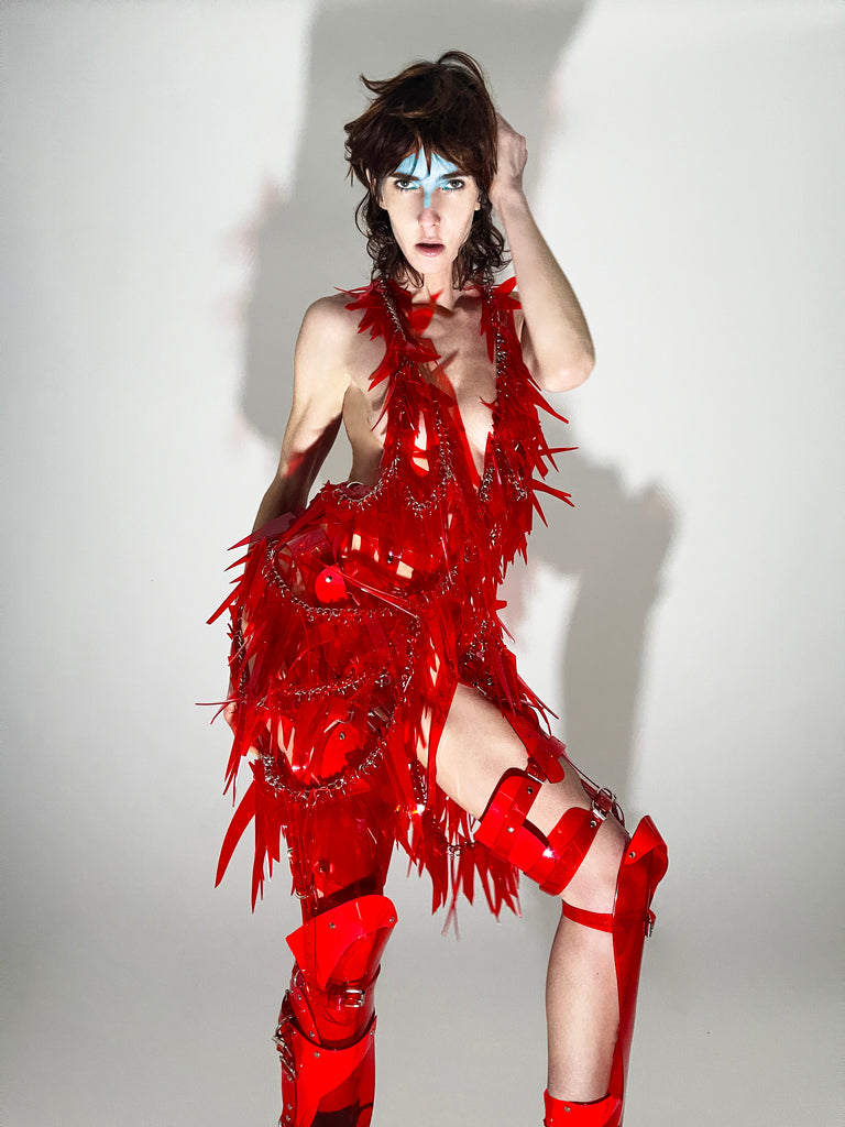 Jivomir Domoustchiev Tassel Chain Dress in off cuts vegan vinyl hand crafted to order in London