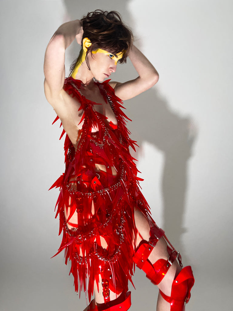 Jivomir Domoustchiev Tassel Chain Dress in off cuts vegan vinyl hand crafted to order in London
