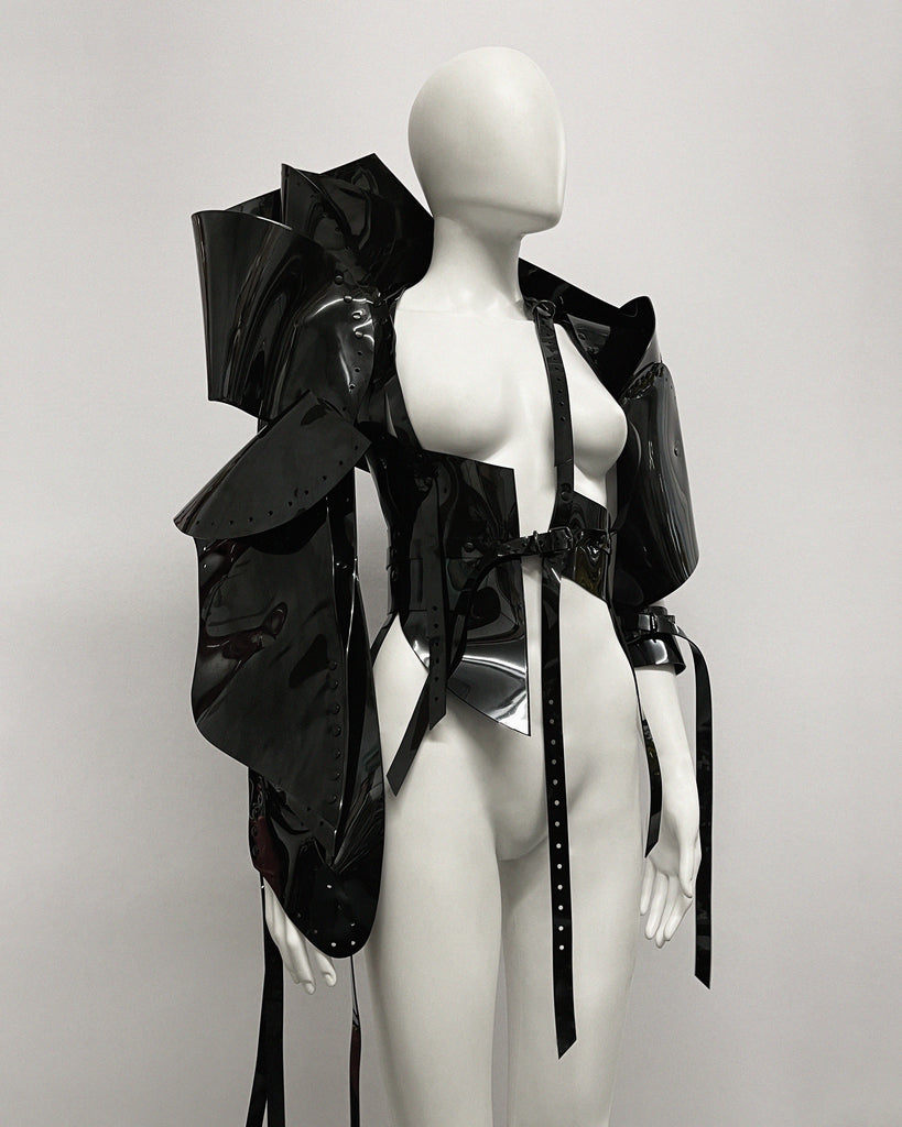 Jivomir Domoustchiev full body armour samurai woman cosplay future robot superhero love vegan sculpture design collectible art sculpture jacket half dress black midnight love