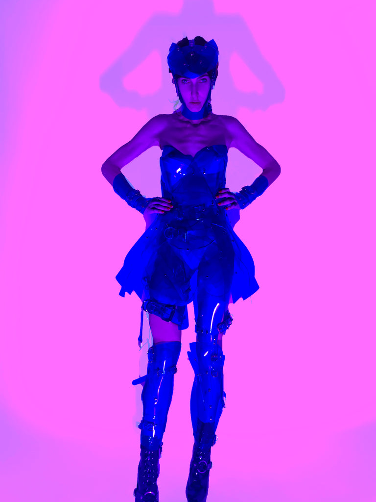 Jivomir Domoustchiev vegan vinyl pvc fashion wearable sculpture hand crafted to order only in East London Atelier independent luxury future couture fashion barbarella kink film design