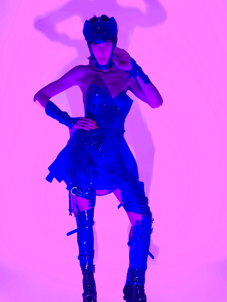 Jivomir Domoustchiev vegan vinyl pvc fashion wearable sculpture hand crafted to order only in East London Atelier independent luxury future couture fashion barbarella kink film design