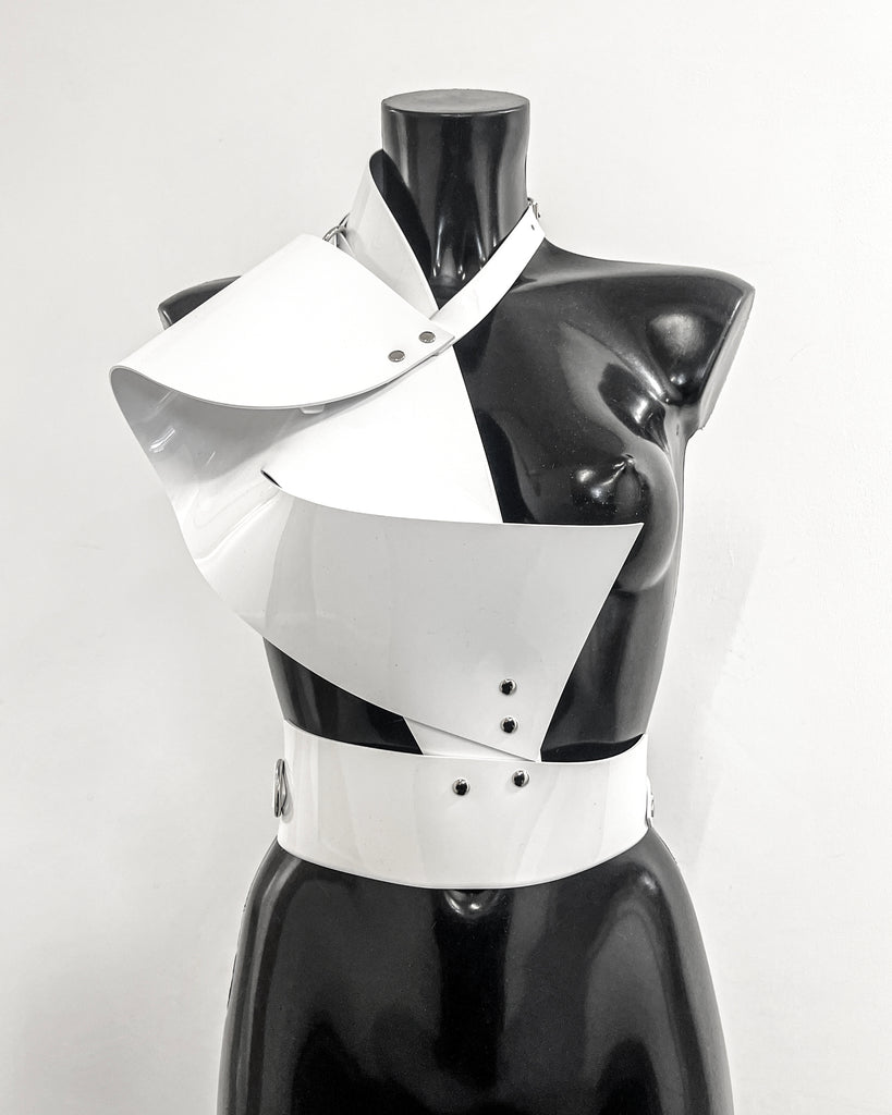 Jivomir Domoustchiev vinyl sculpture half harness belt blackJivomir Domoustchiev vegan vinyl transparent hand body harness kink fetish cosplay future robot