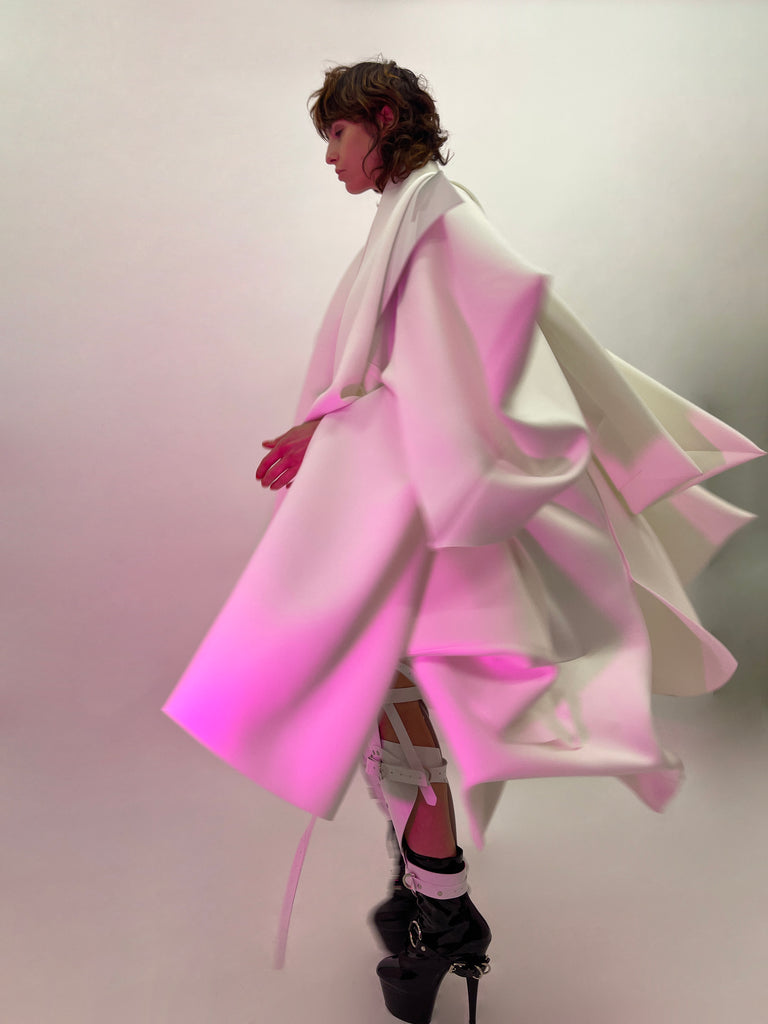 Jivomir Domoustchiev Waves Star coat. 'Onna Bugeisha' Collection. Beautyifully asymmetric.   An artistic expression. Crafted to order in raw edge neoprene and available in a verity of colours