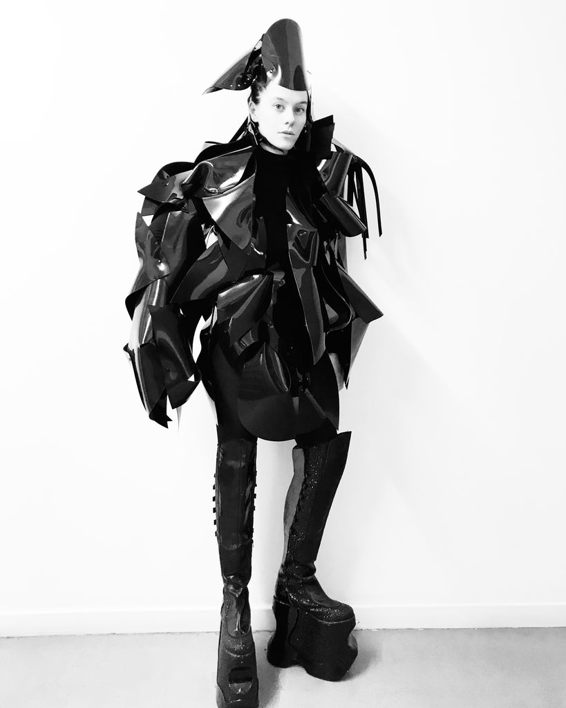 JIVOMIR DOMOUSTCHIEV ASYMMETRIC ART SCULPTURE JACKET VEGAN VINYL EXXPRESSION  