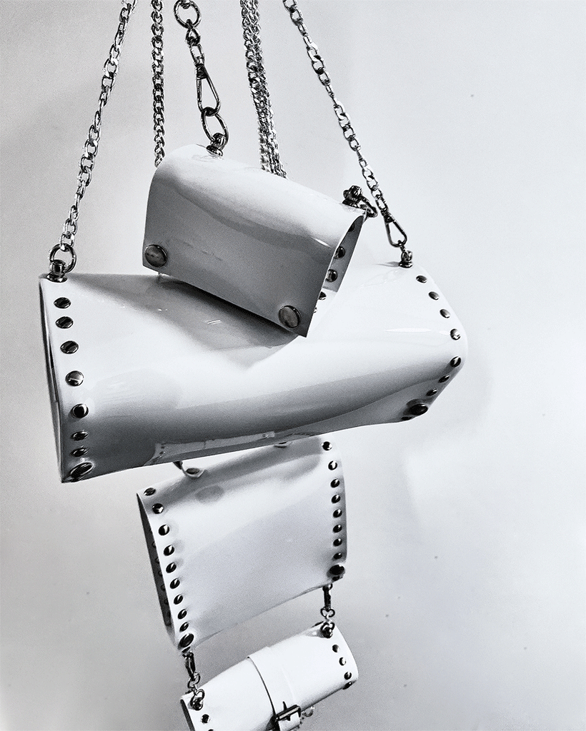 Jivomir Domoustchiev vegan vinyl pvc fashion wearable sculpture handbag purse hand crafted to order only in East London Atelier independent luxury brand bras and panties knickers
