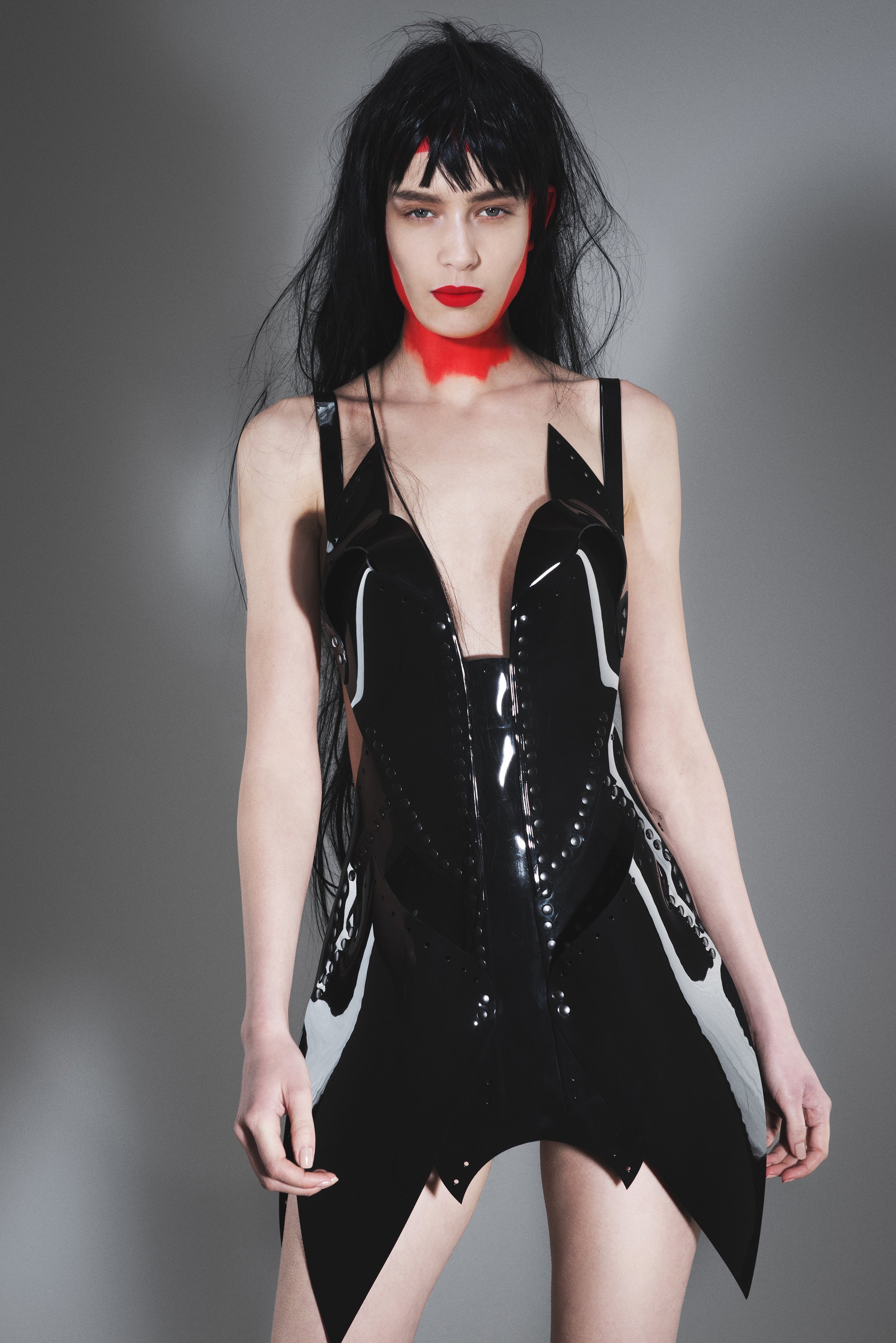 Jivomir Domoustchiev vegan vinyl pvc fashion wearable sculpture hand crafted to order only in East London Atelier independent luxury brand dress sculpture art couture