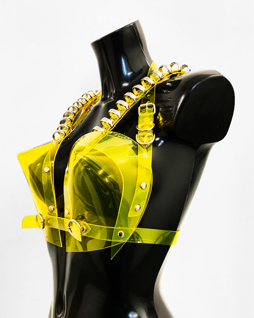 Jivomir Domoustchiev multi ring heart shaped sculpture bra ❤️Bustier transparent love clear yellow vegan vinyl